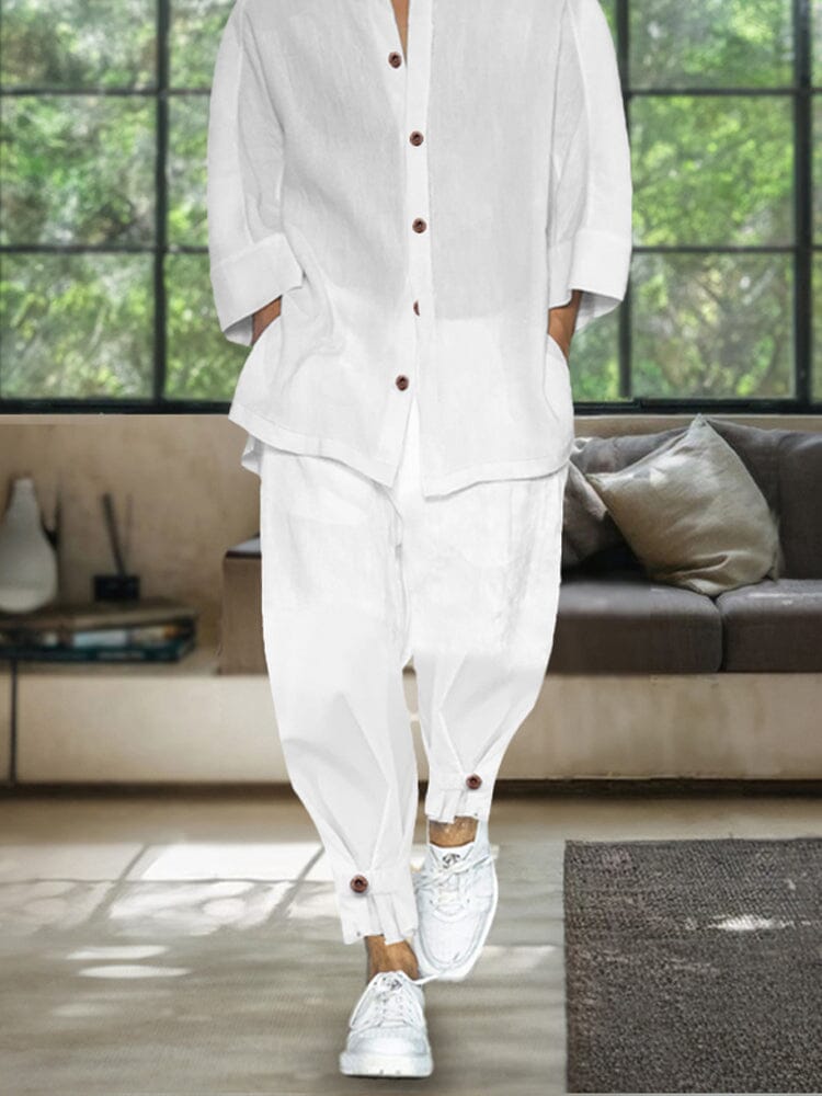 Simple 3/4 Sleeve Cotton Linen Shirt Set