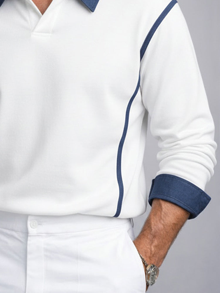 Versatile Contrast Denim Patchwork Polo Shirt