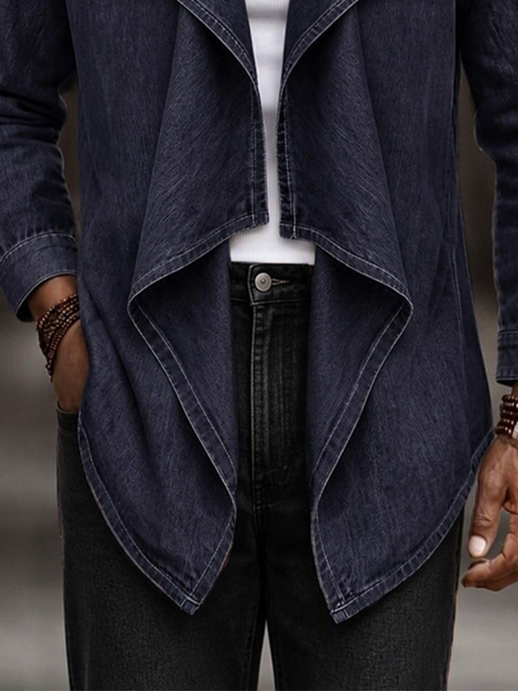 Faux Denim Open Front Draped Lapel Jacket