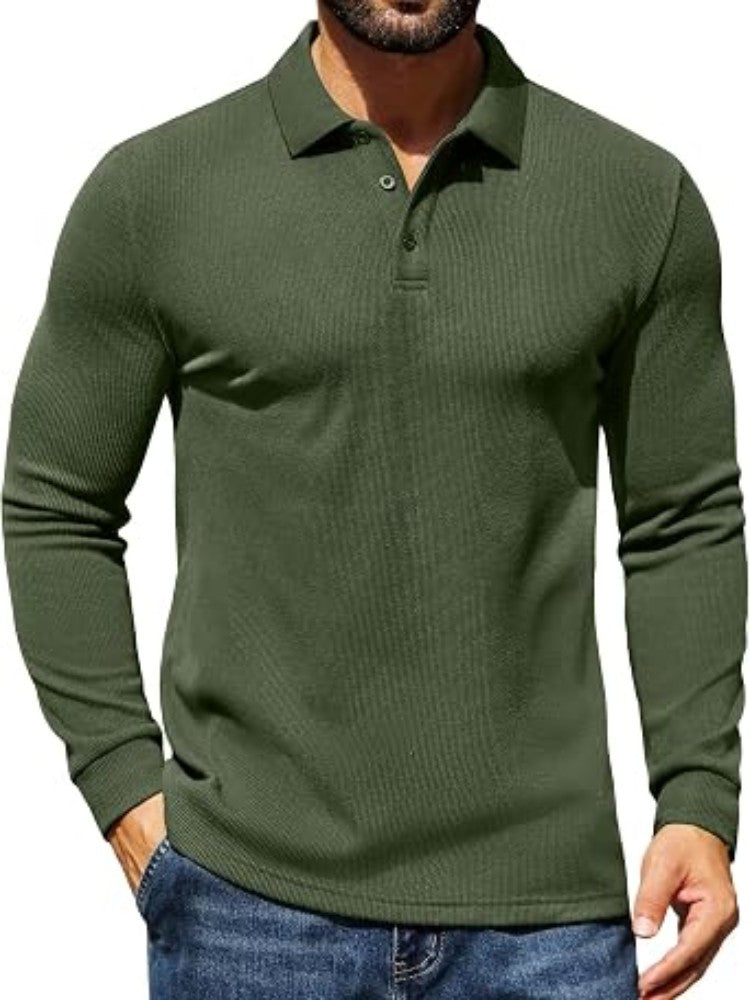 Casual Long Sleeve Waffle Knit Polo Pullover (US Only)