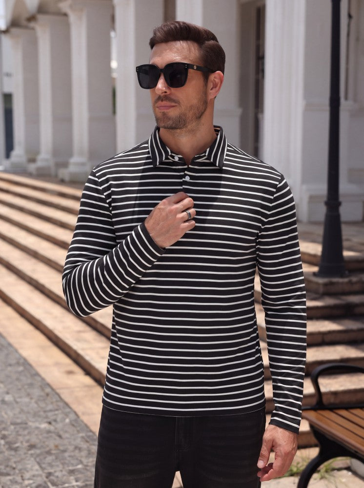 Striped Moisture Wicking Long Sleeve Rugby Polo Shirt (US Only)