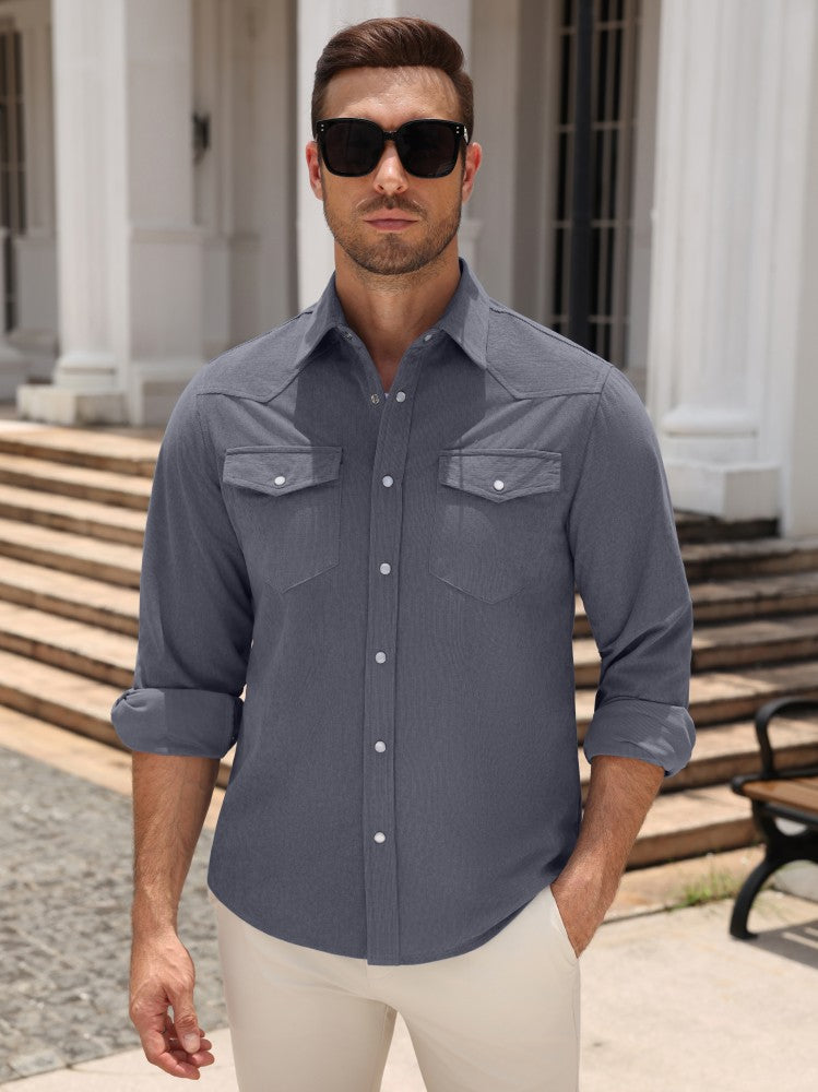 Western Pearl Snap Long Sleeve Shirt with Flap Pockets (US Only)
