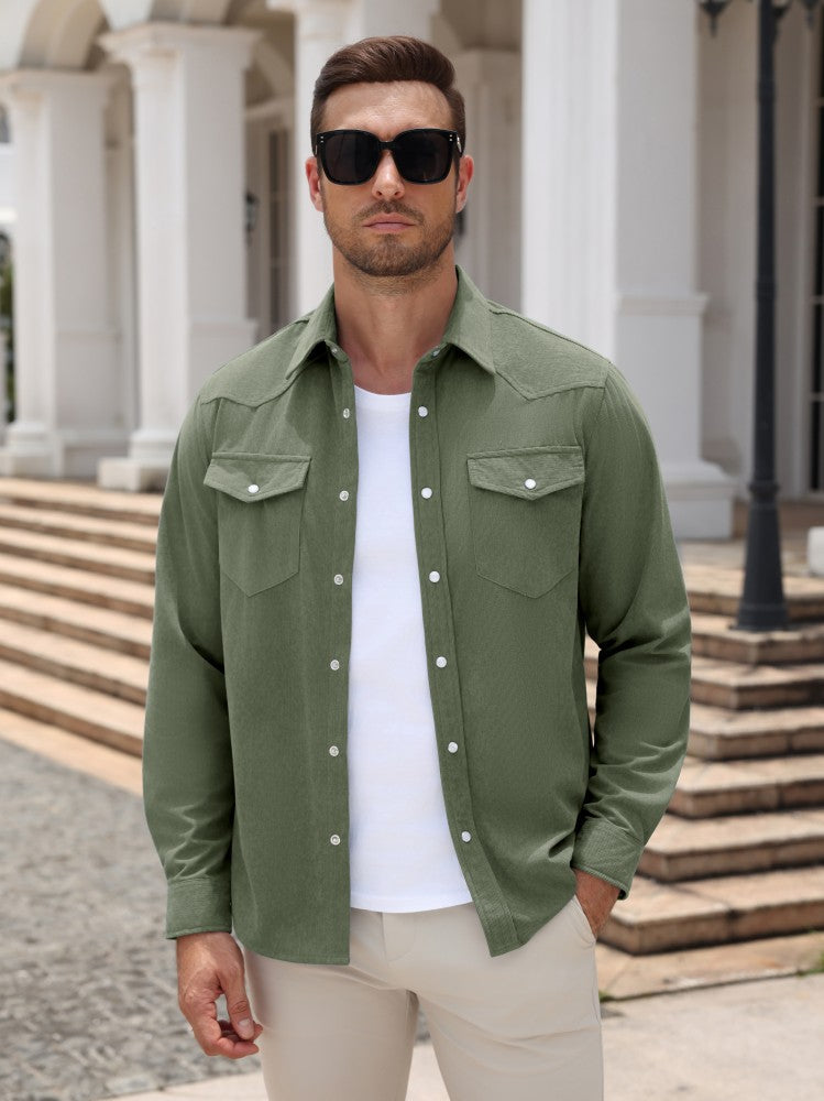 Western Pearl Snap Long Sleeve Shirt with Flap Pockets (US Only)