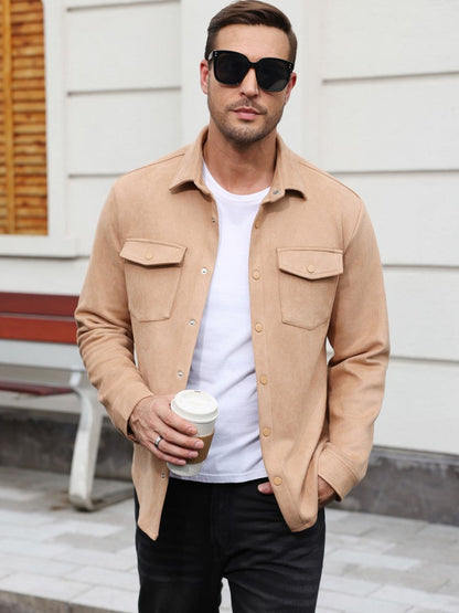 Faux Suede Button Down Shirt Jacket with Chest Pockets (US Only)