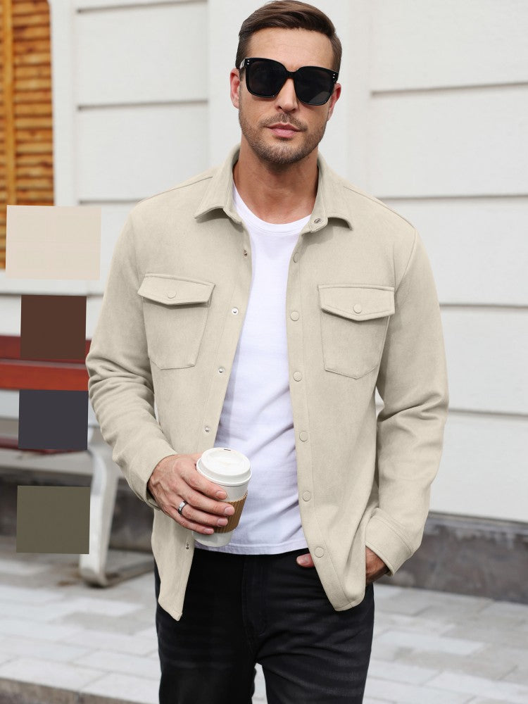 Faux Suede Button Down Shirt Jacket with Chest Pockets (US Only)