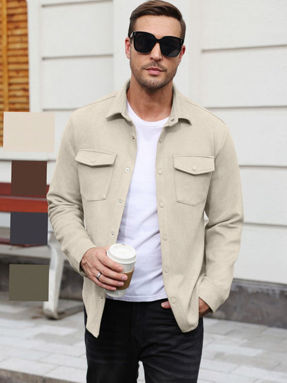 Faux Suede Button Down Shirt Jacket with Chest Pockets (US Only)