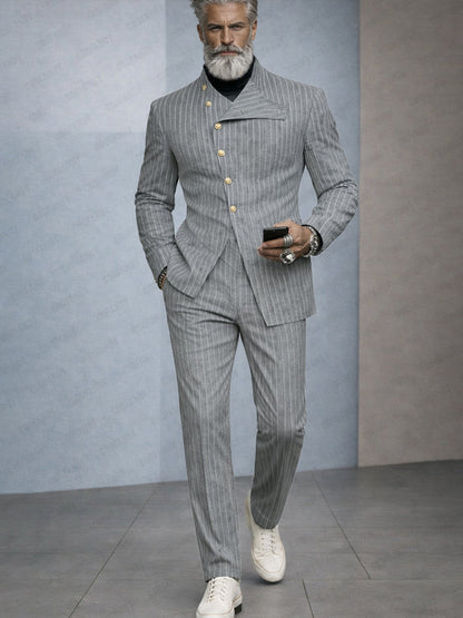 Unique Slant Buttoned Striped Suit Set