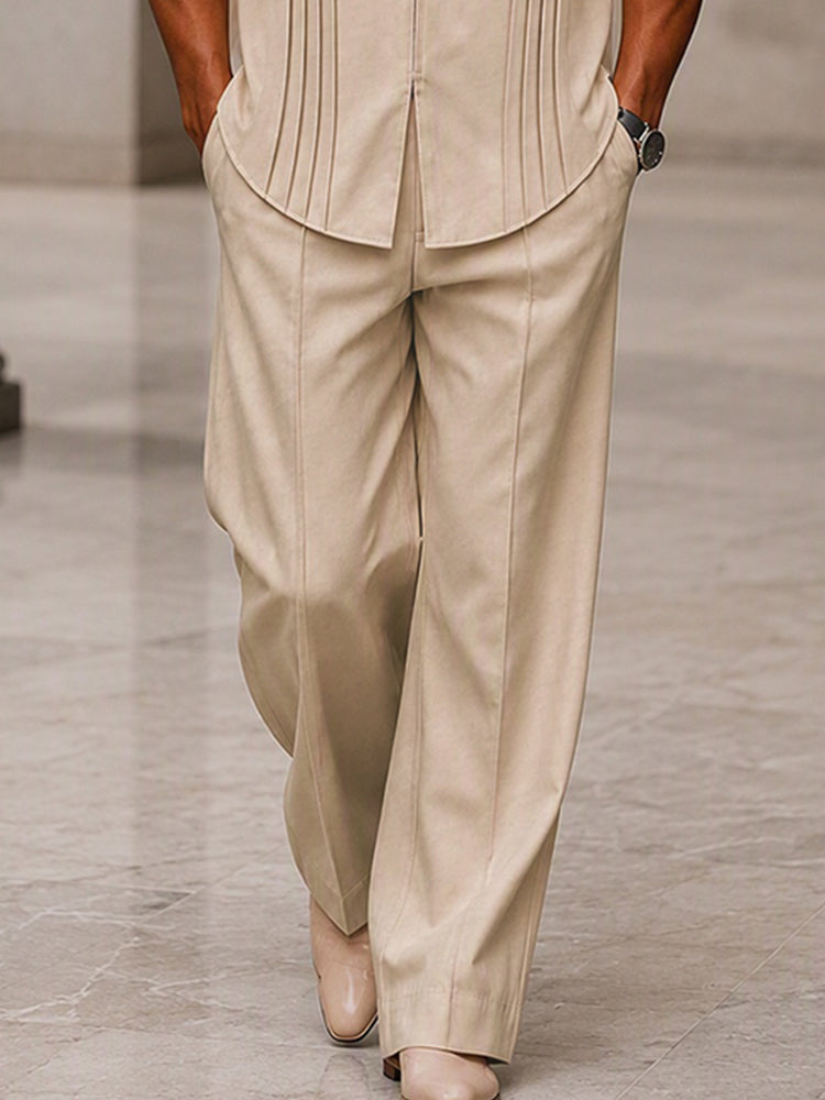Casual Front Pleated Zip-Up Shirt Pants Set