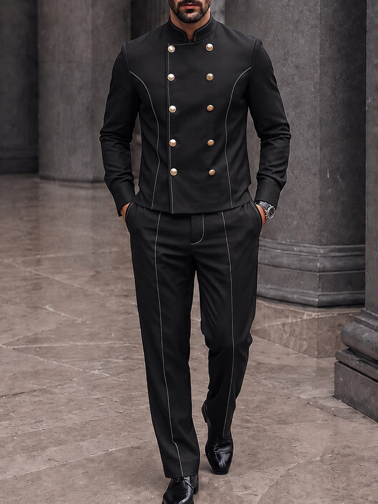 Sleek Contrast Piping Double Breasted Jacket Set