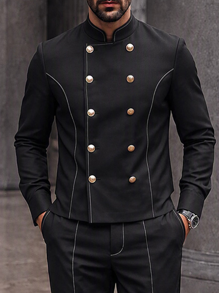 Sleek Contrast Piping Double Breasted Jacket Set