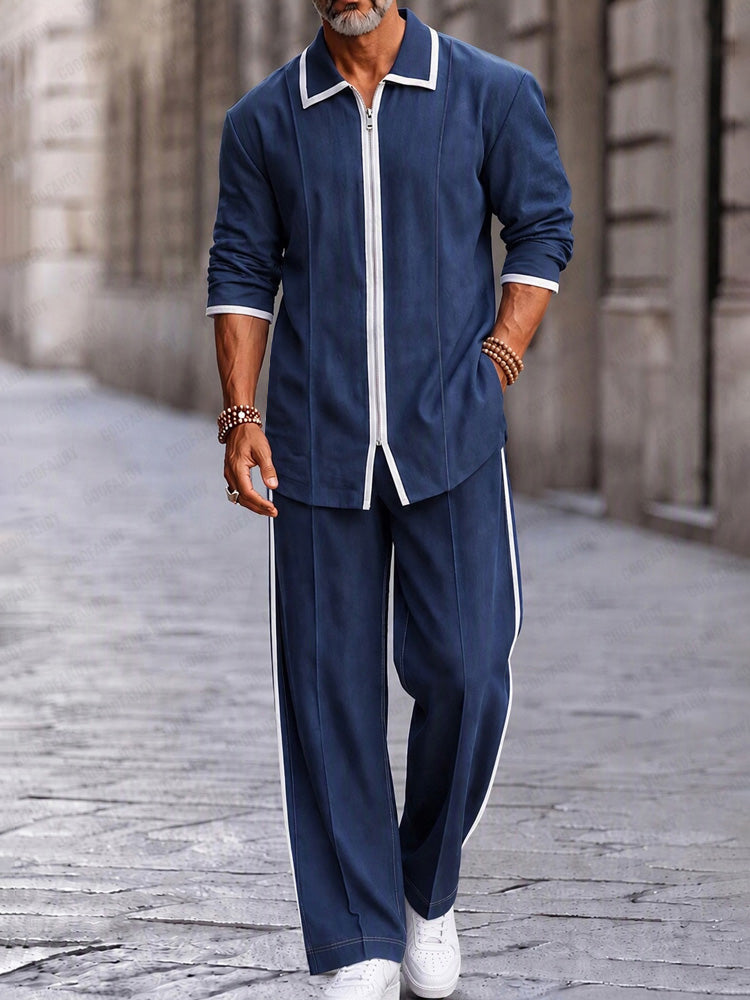 Casual Contrast Detail Faux Denim Matching Set