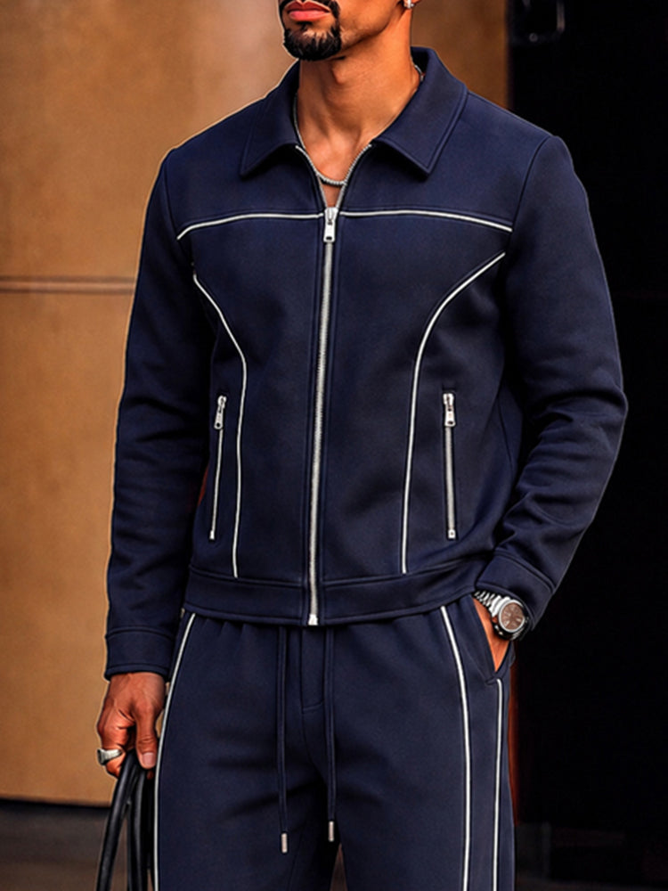 Sporty Contrast Line Jacket Pants Set