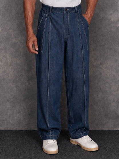 Casual 100% Cotton Contrast Stitch Faux Denim Pants