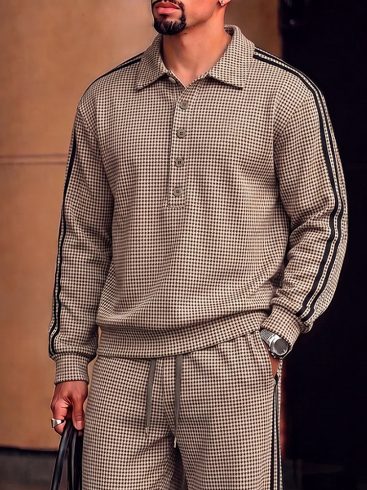 Urban Casual Plaid Printed Polo Shirt Set