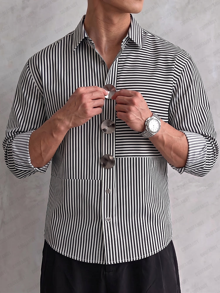 Fashion Striped Patchwork Shirt with Oversized Button Detail