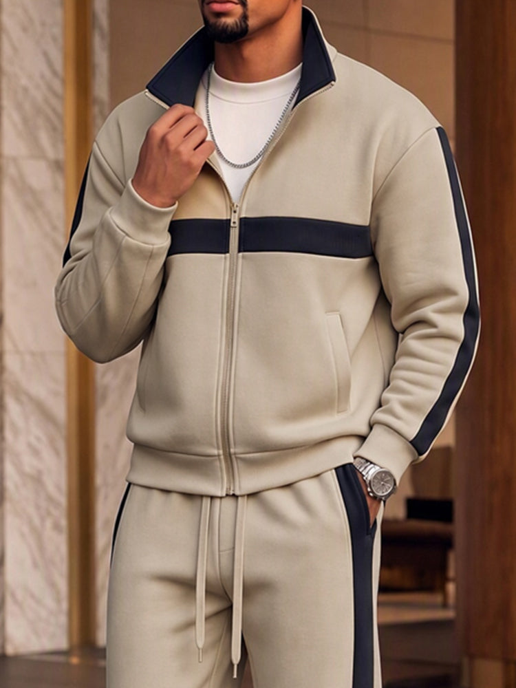 Sporty Contrast Trim Jacket Pants Set