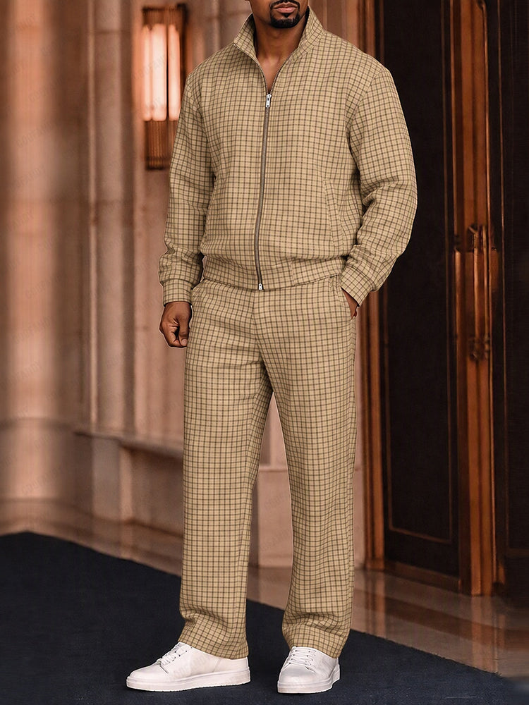 Vintage Plaided Jacket Pants Tracksuit Set
