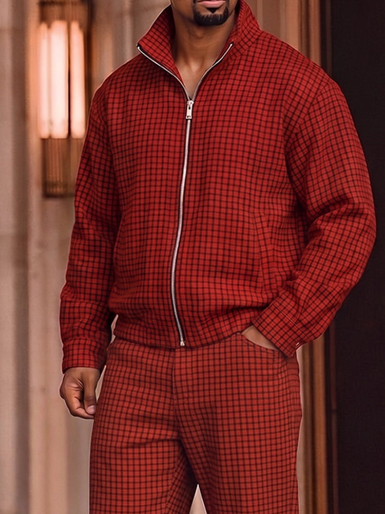 Vintage Plaided Jacket Pants Tracksuit Set