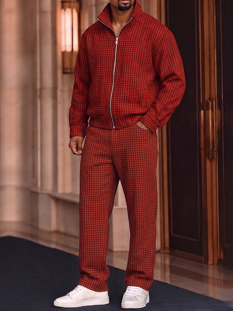 Vintage Plaided Jacket Pants Tracksuit Set