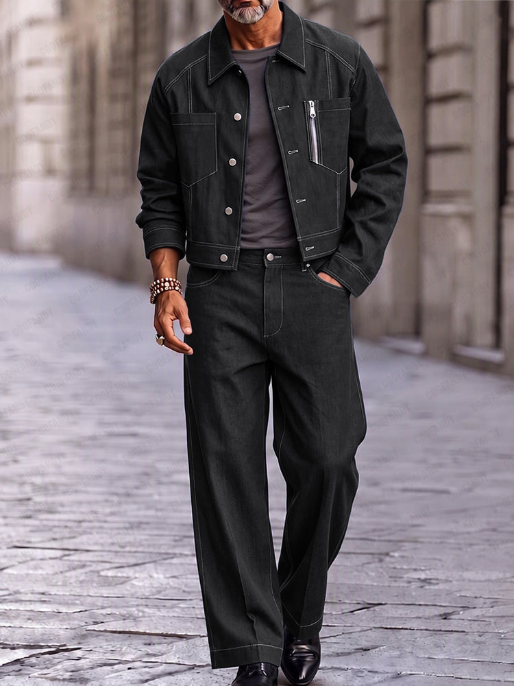 Urban Streetwear Faux Denim Trucker Jacket Set