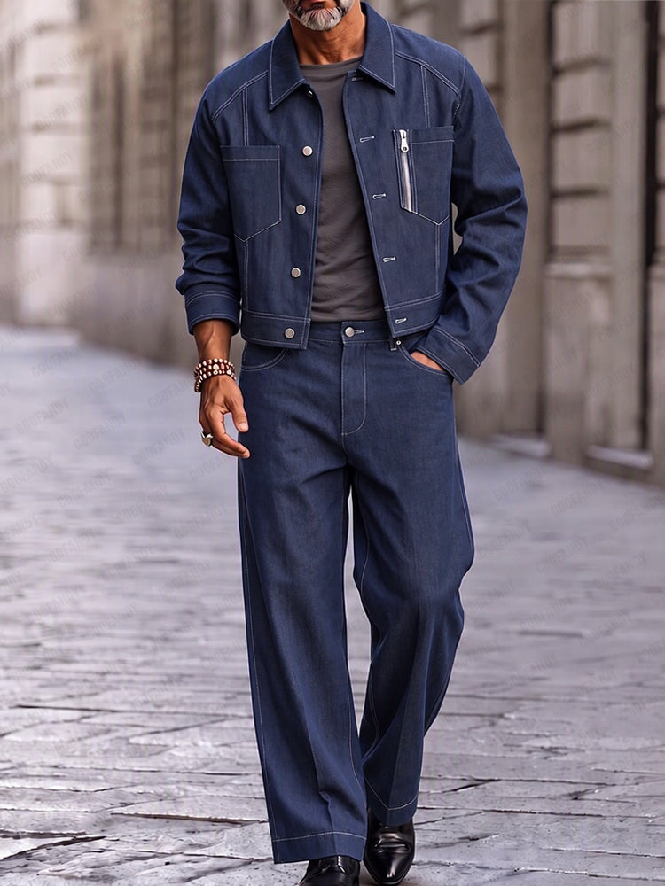 Urban Streetwear Faux Denim Trucker Jacket Set