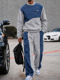 Streetwear Faux Denim Patchwork Sweatshirt Set
