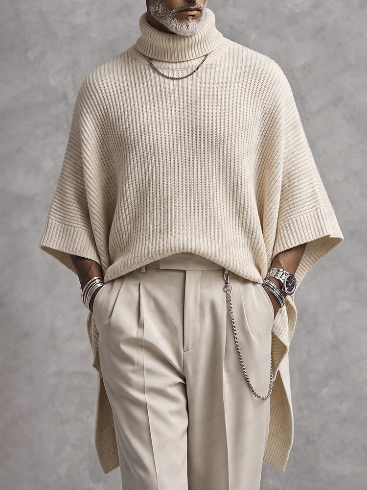 Modern High-Low Hem Batwing Sleeve Turtleneck Sweater