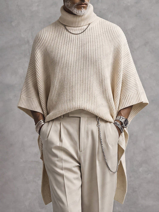 Modern High-Low Hem Batwing Sleeve Turtleneck Sweater