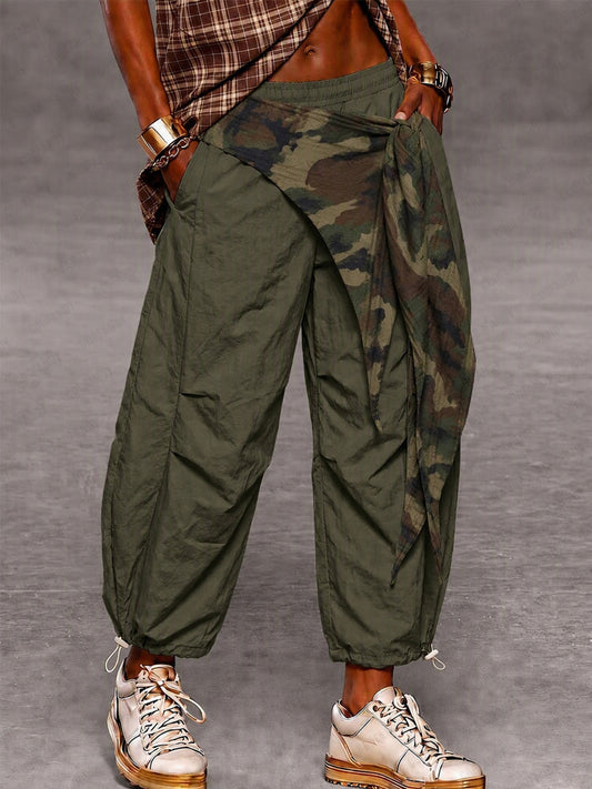 Urban Street Style Contrast Panel Parachute Pants