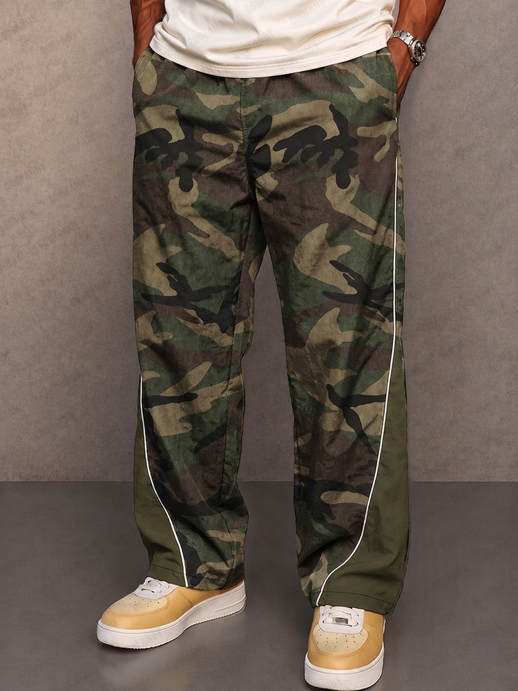 Casual Contrast Piping Camo Patchwork Pants
