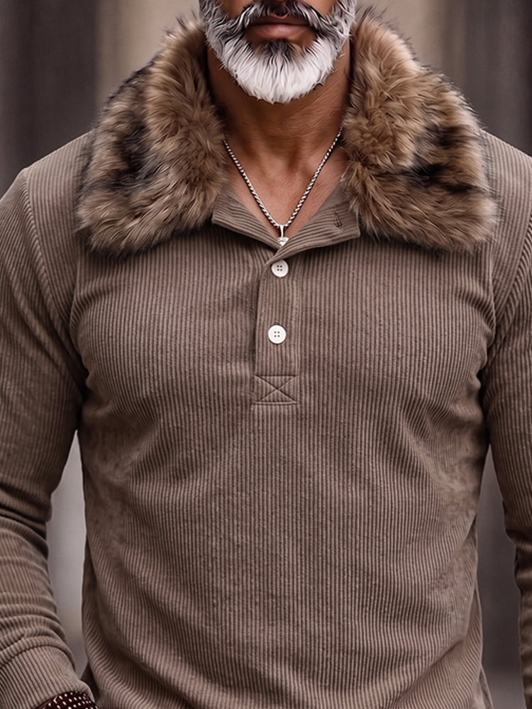 Refined Faux Fur Collar Corduroy Polo Shirt