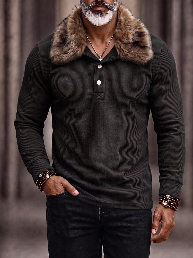Refined Faux Fur Collar Corduroy Polo Shirt