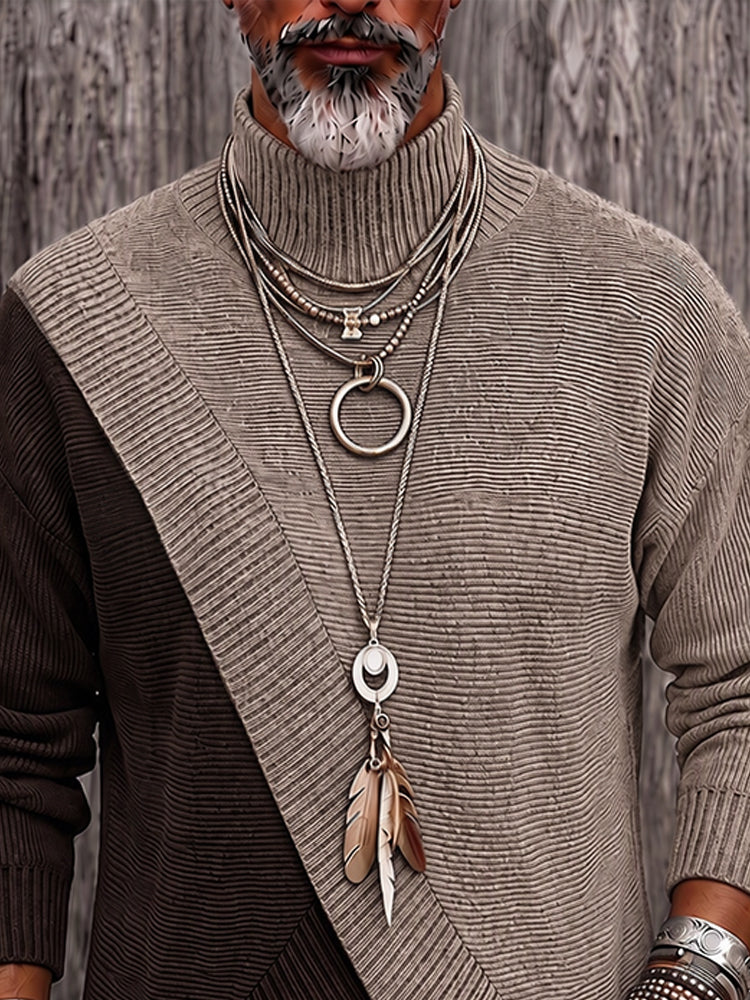Stylish Two-Tone Ribbed Turtleneck Sweater