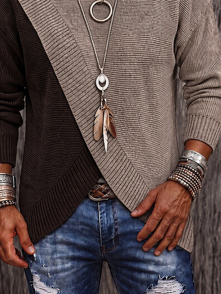 Stylish Two-Tone Ribbed Turtleneck Sweater