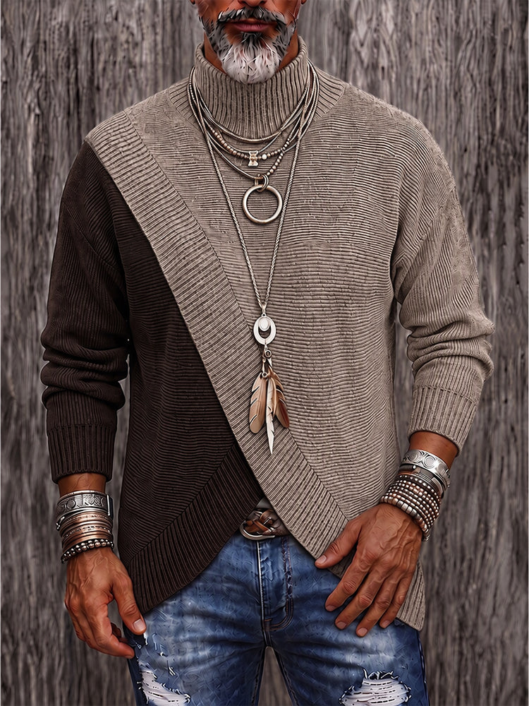 Stylish Two-Tone Ribbed Turtleneck Sweater