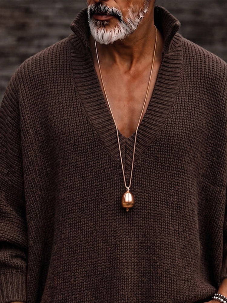 Vintage V-Neck Fringe Hem Knit Sweater