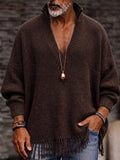 Vintage V-Neck Fringe Hem Knit Sweater