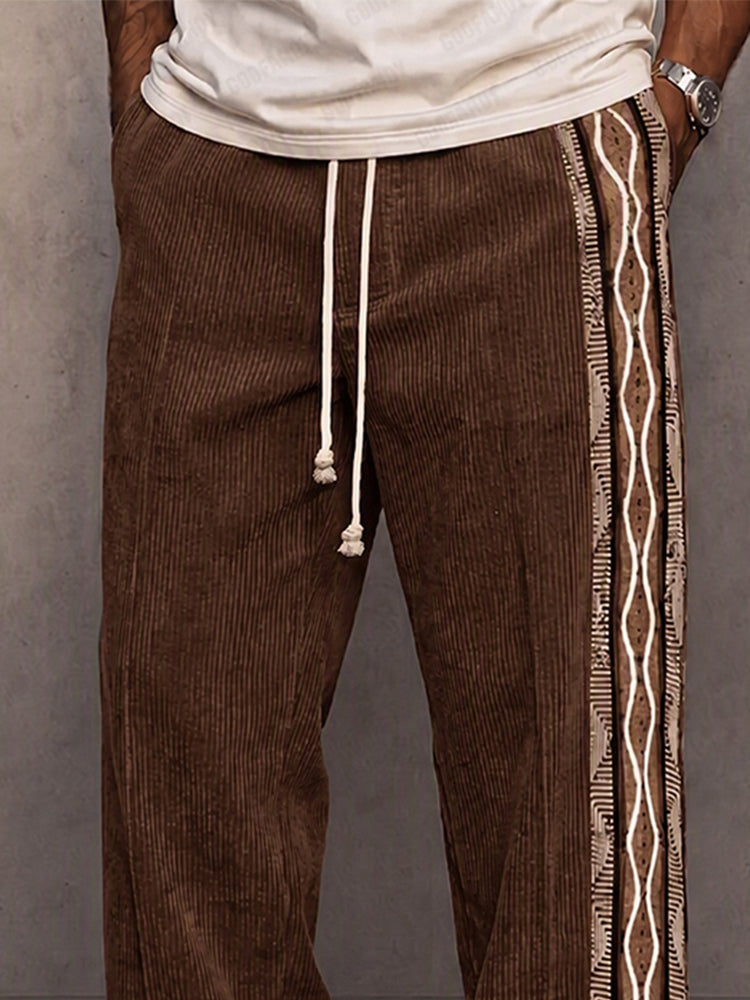 Casual Tribal Print Panel Corduroy Drawstring Pants