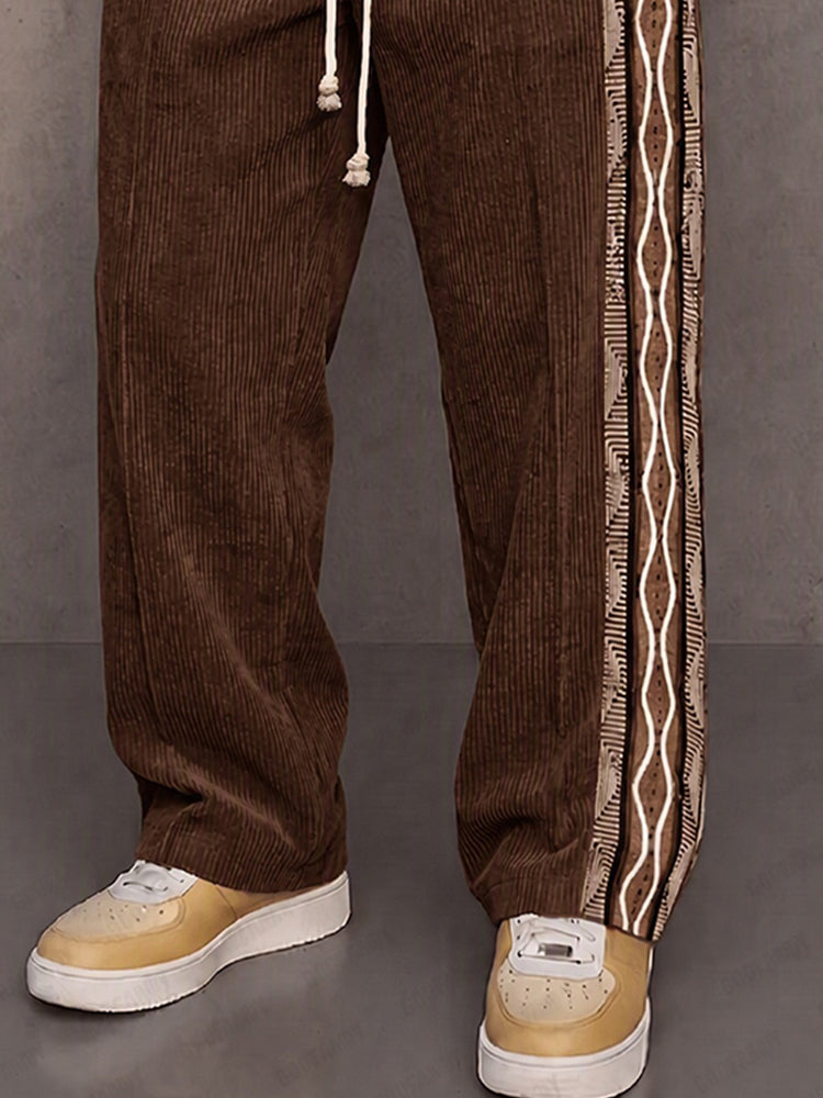 Casual Tribal Print Panel Corduroy Drawstring Pants