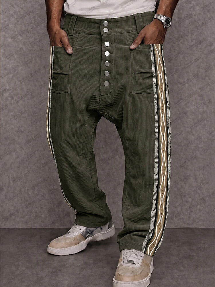 Corduroy Tribal Print Panel Drop Crotch Pants