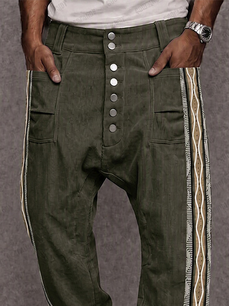 Corduroy Tribal Print Panel Drop Crotch Pants