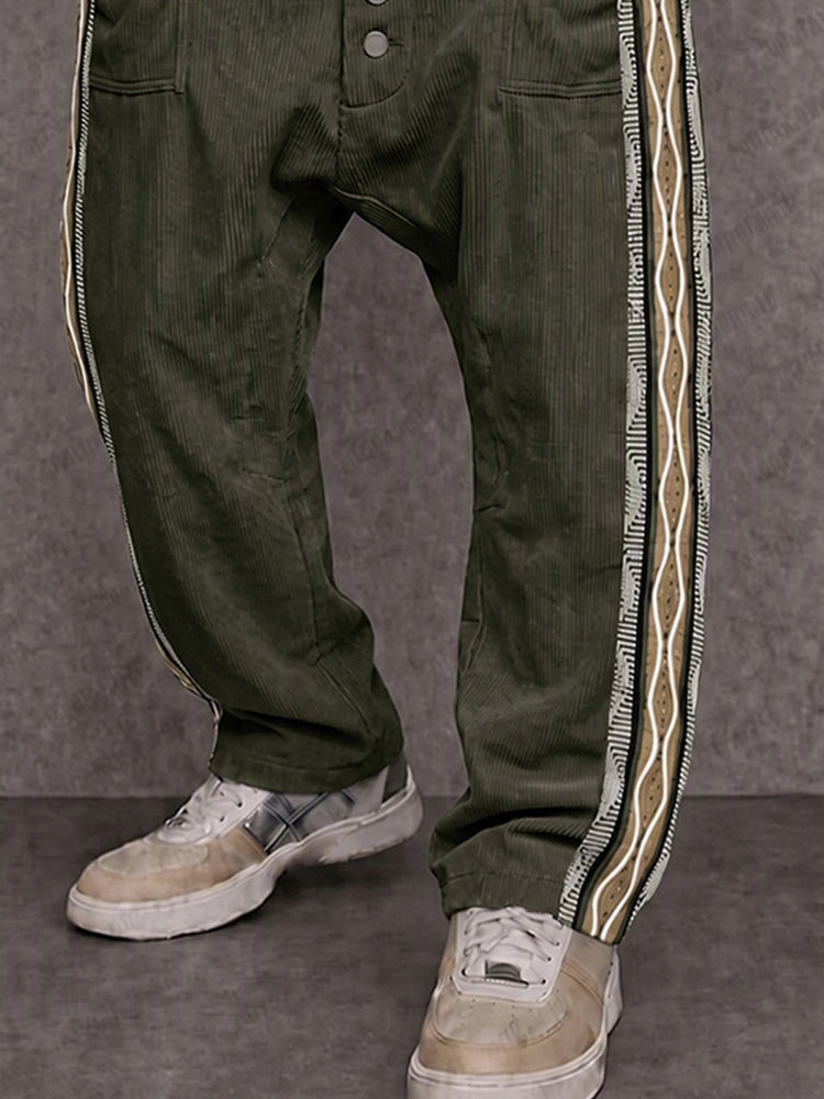 Corduroy Tribal Print Panel Drop Crotch Pants
