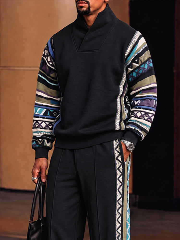 Athleisure Tribal Print Trim Stand Collar Matching Set