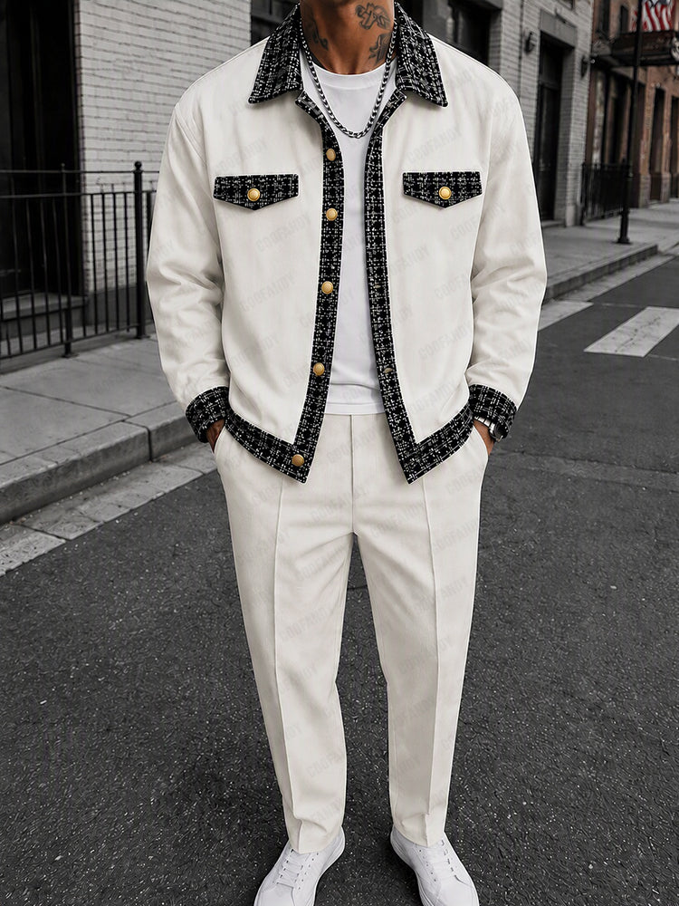 Stylish Contrast Trim Button Up Jacket Pants Set