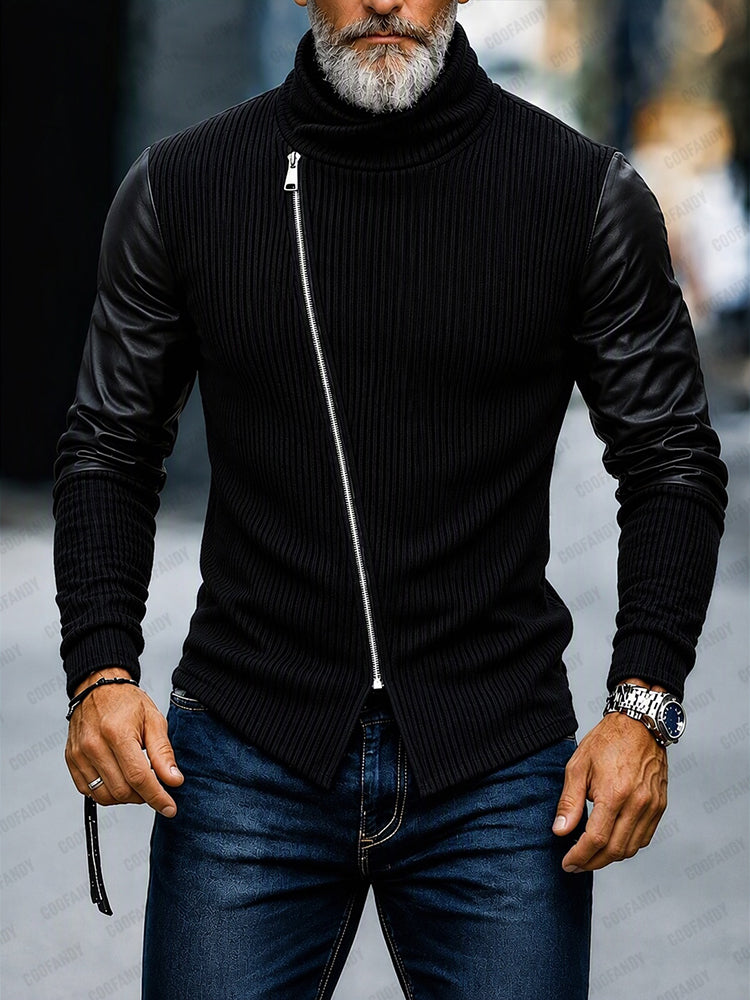 Statement Turtleneck Asymmetrical Zip PU Sleeves Sweater