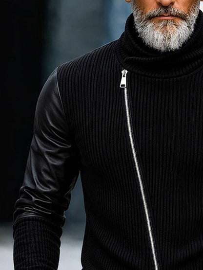 Statement Turtleneck Asymmetrical Zip PU Sleeves Sweater