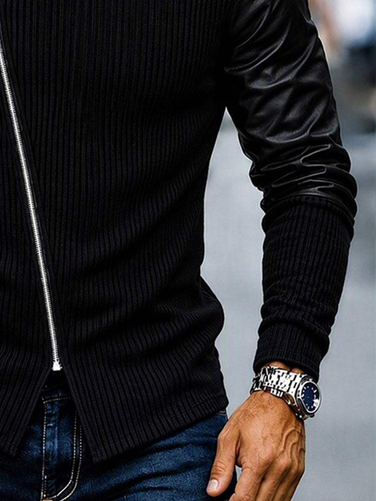 Statement Turtleneck Asymmetrical Zip PU Sleeves Sweater