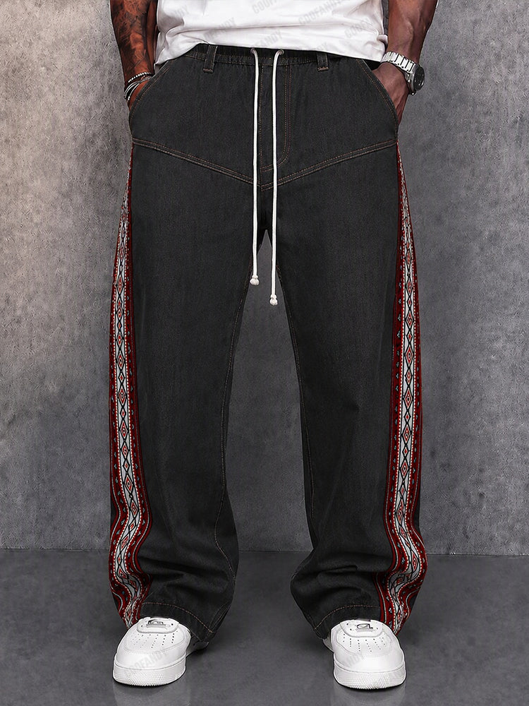 Street Style Jacquard Panels Faux Denim Pants