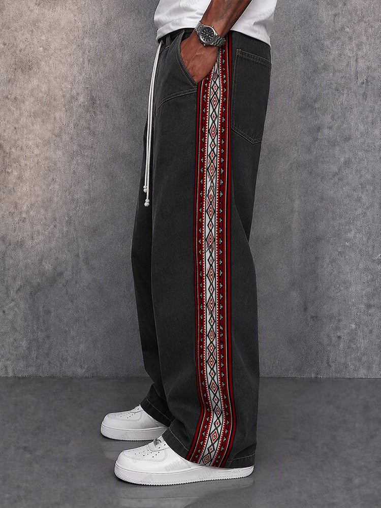 Street Style Jacquard Panels Faux Denim Pants