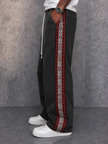 Street Style Jacquard Panels Faux Denim Pants